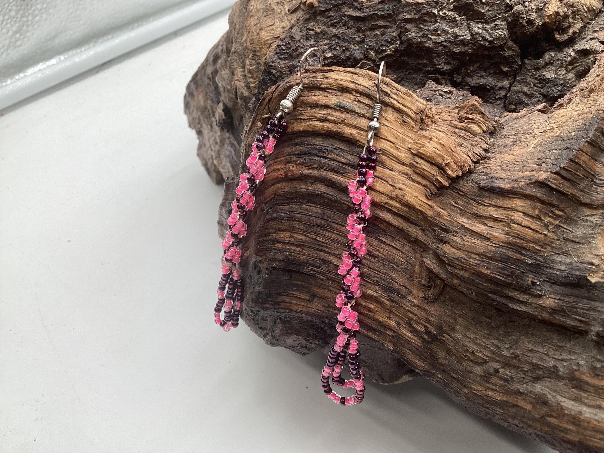 Hand Beaded Pink Dangle Earrings – Anishinaabe/Ojibwe Made