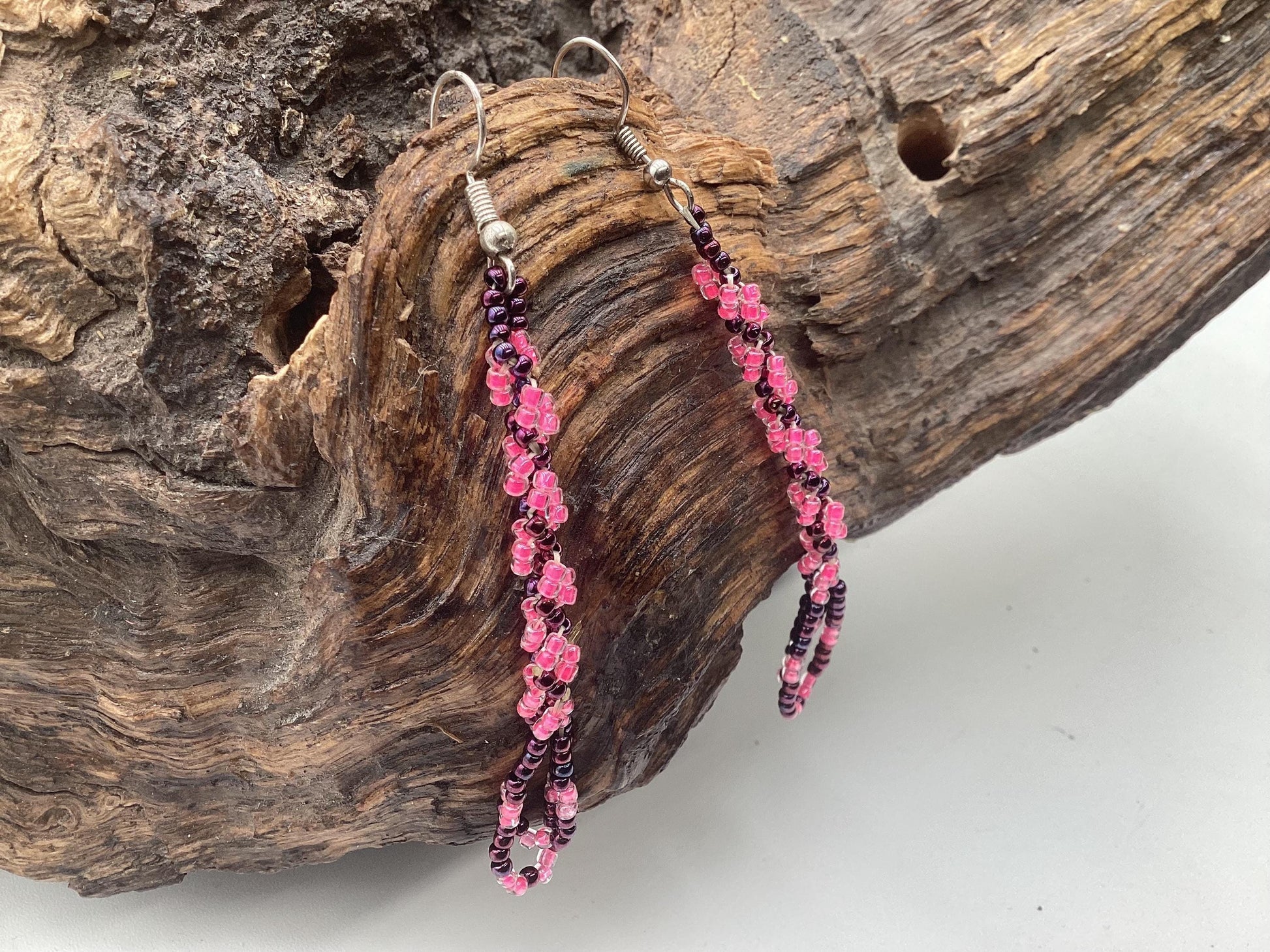 Hand Beaded Pink Dangle Earrings – Anishinaabe/Ojibwe Made