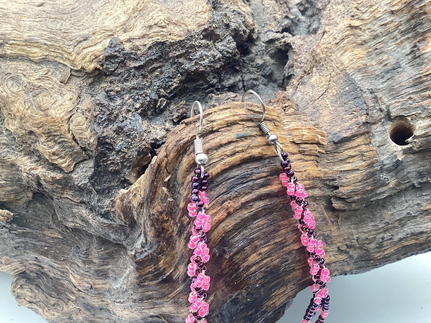 Hand Beaded Pink Dangle Earrings – Anishinaabe/Ojibwe Made