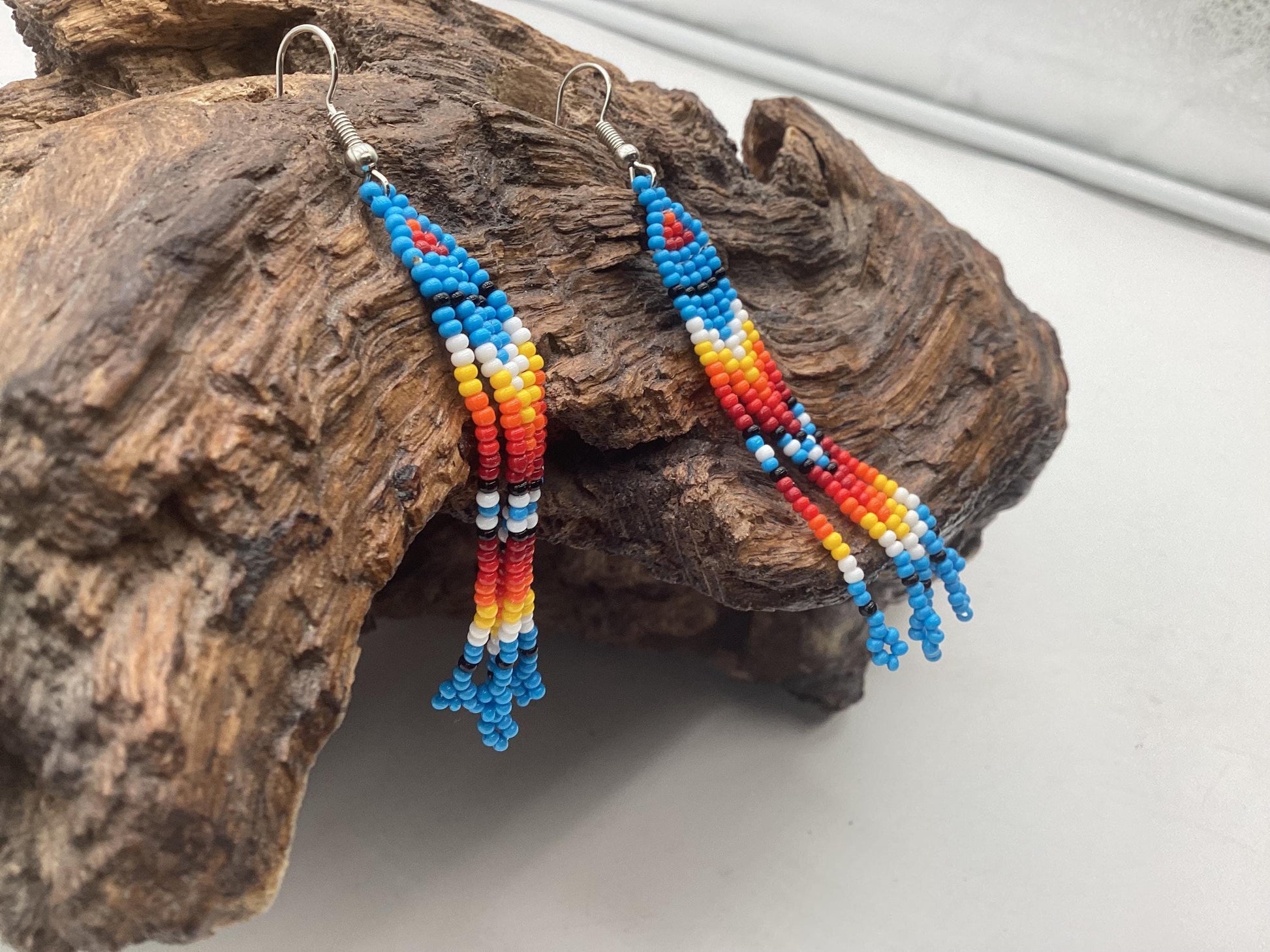 Hand Beaded Blue Dangle Earrings – Anishinaabe Made
