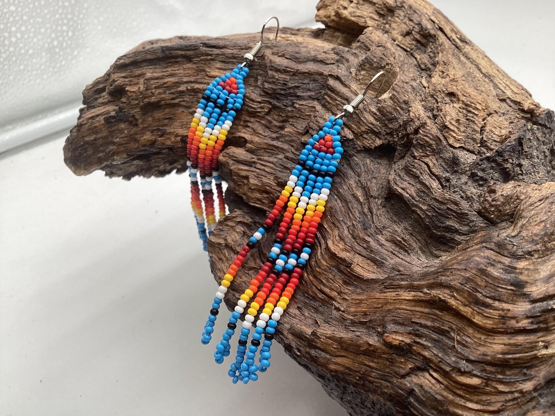 Hand Beaded Blue Dangle Earrings – Anishinaabe Made