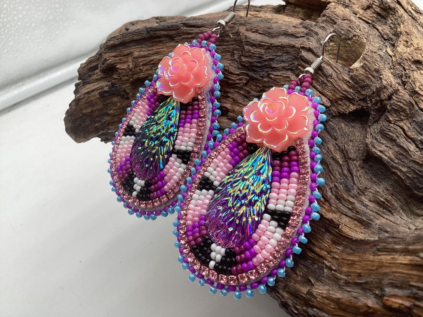 Hand Beaded Double-Centered Flower Teardrop Earrings: Anishinaabe/Ojibwe Beadwork
