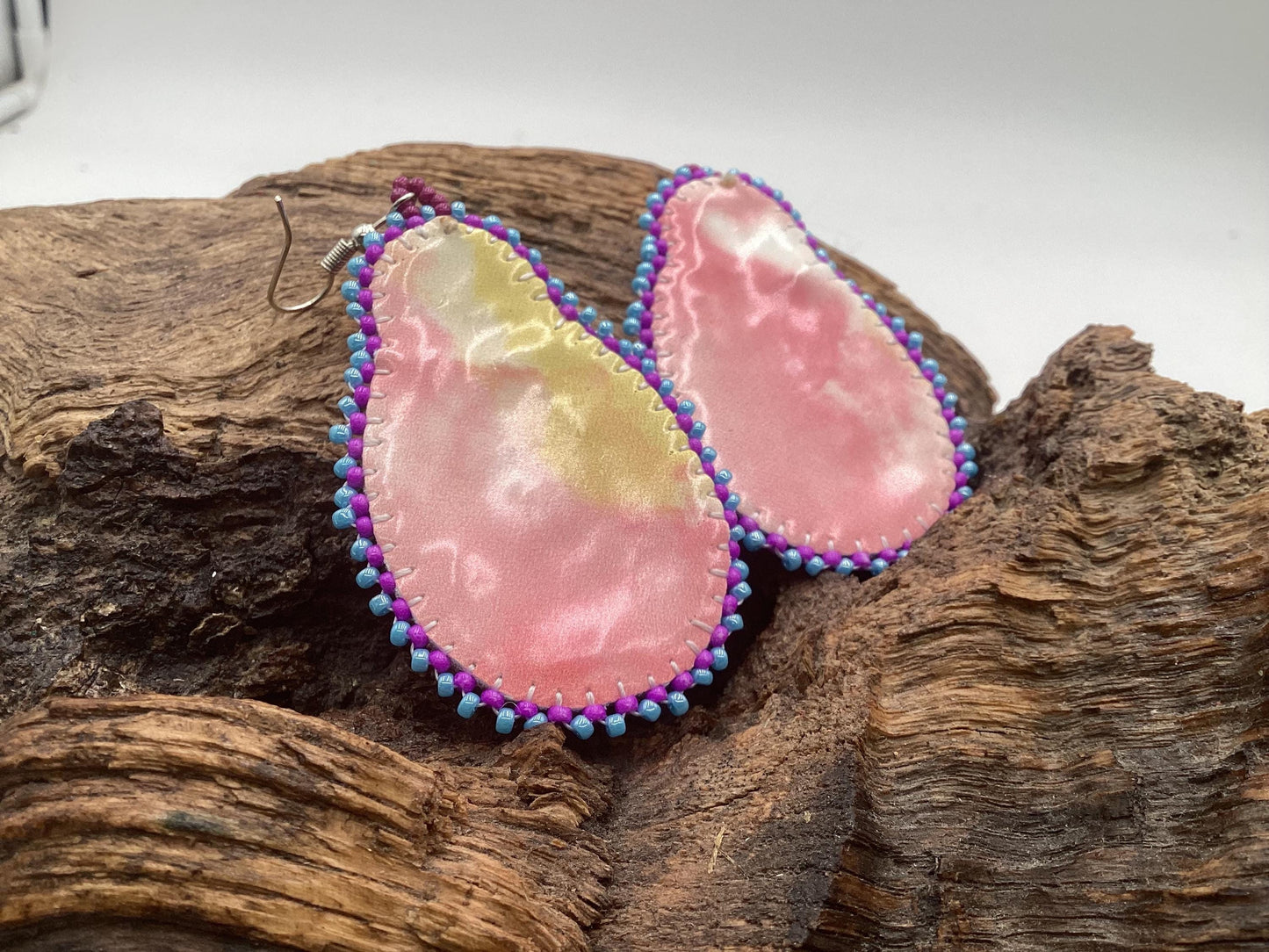 Hand Beaded Double-Centered Flower Teardrop Earrings: Anishinaabe/Ojibwe Beadwork