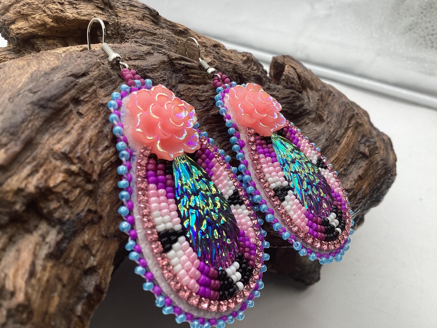 Hand Beaded Double-Centered Flower Teardrop Earrings: Anishinaabe/Ojibwe Beadwork
