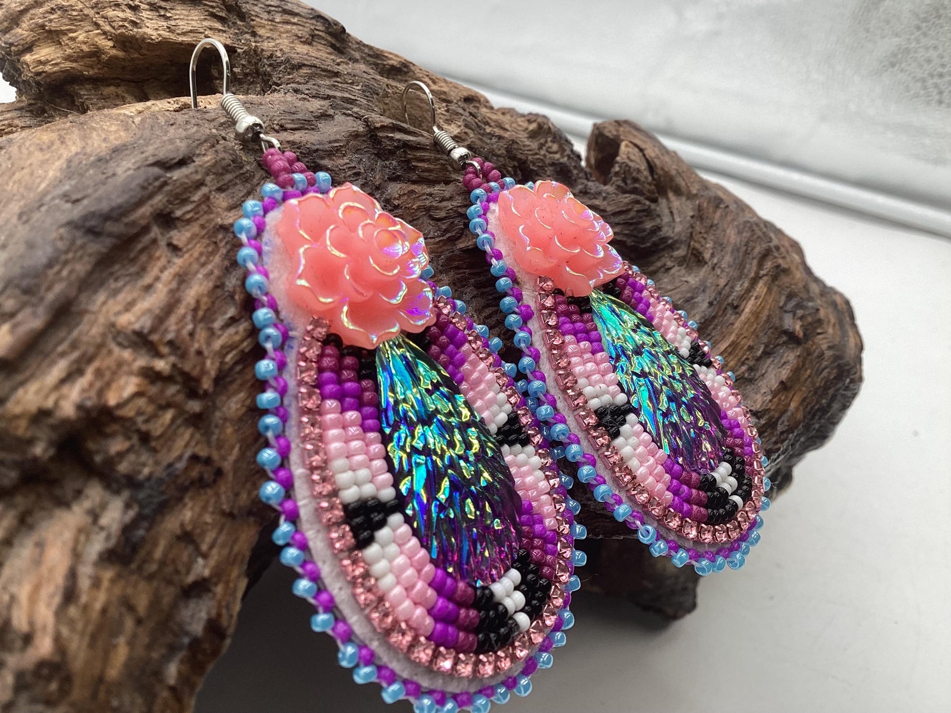 Hand Beaded Double-Centered Flower Teardrop Earrings: Anishinaabe/Ojibwe Beadwork