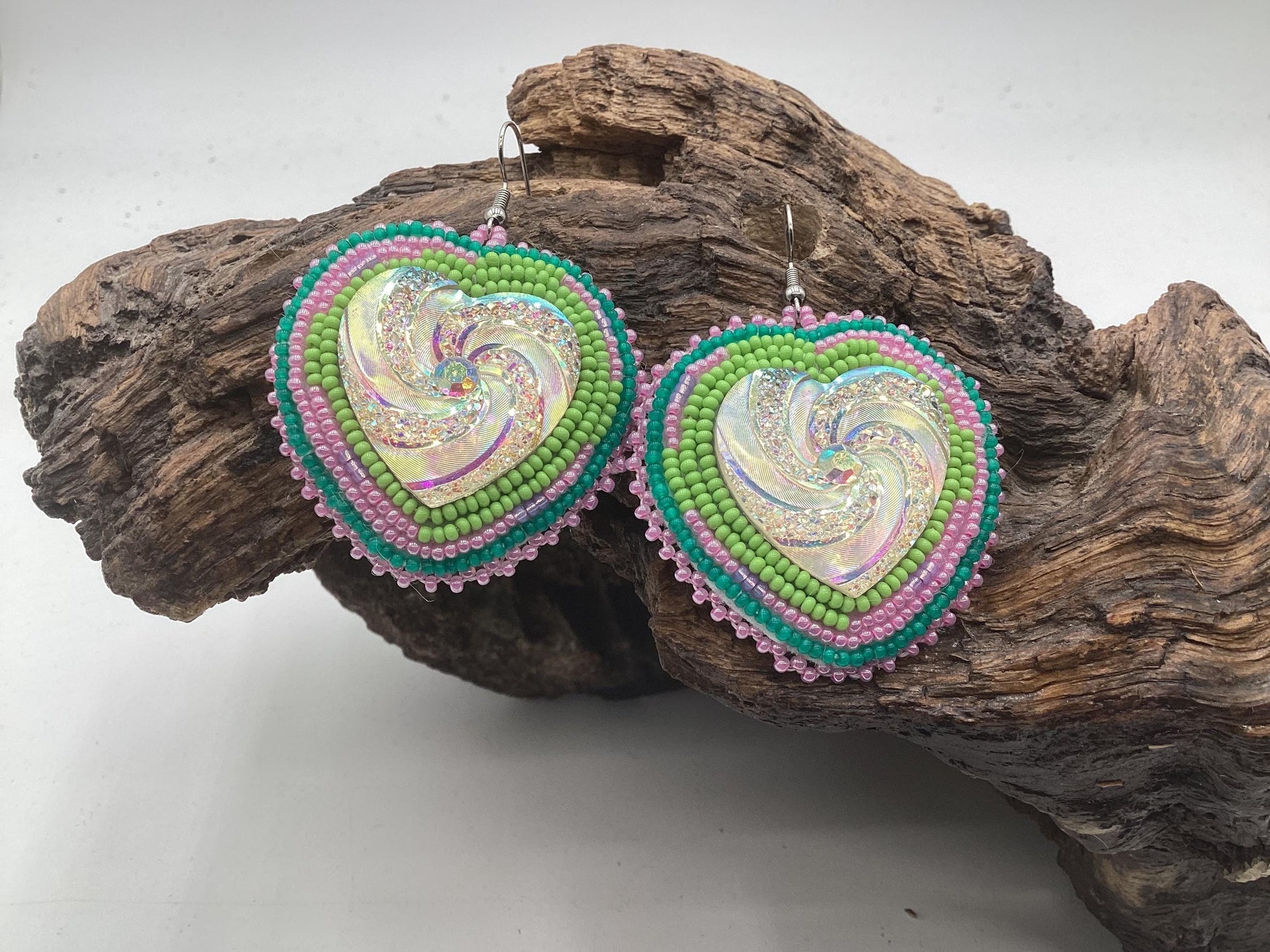 Iridescent Hand Beaded Heart Earrings - Anishinaabe/Ojibwe Beadwork
