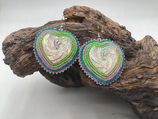 Iridescent Hand Beaded Heart Earrings - Anishinaabe/Ojibwe Beadwork