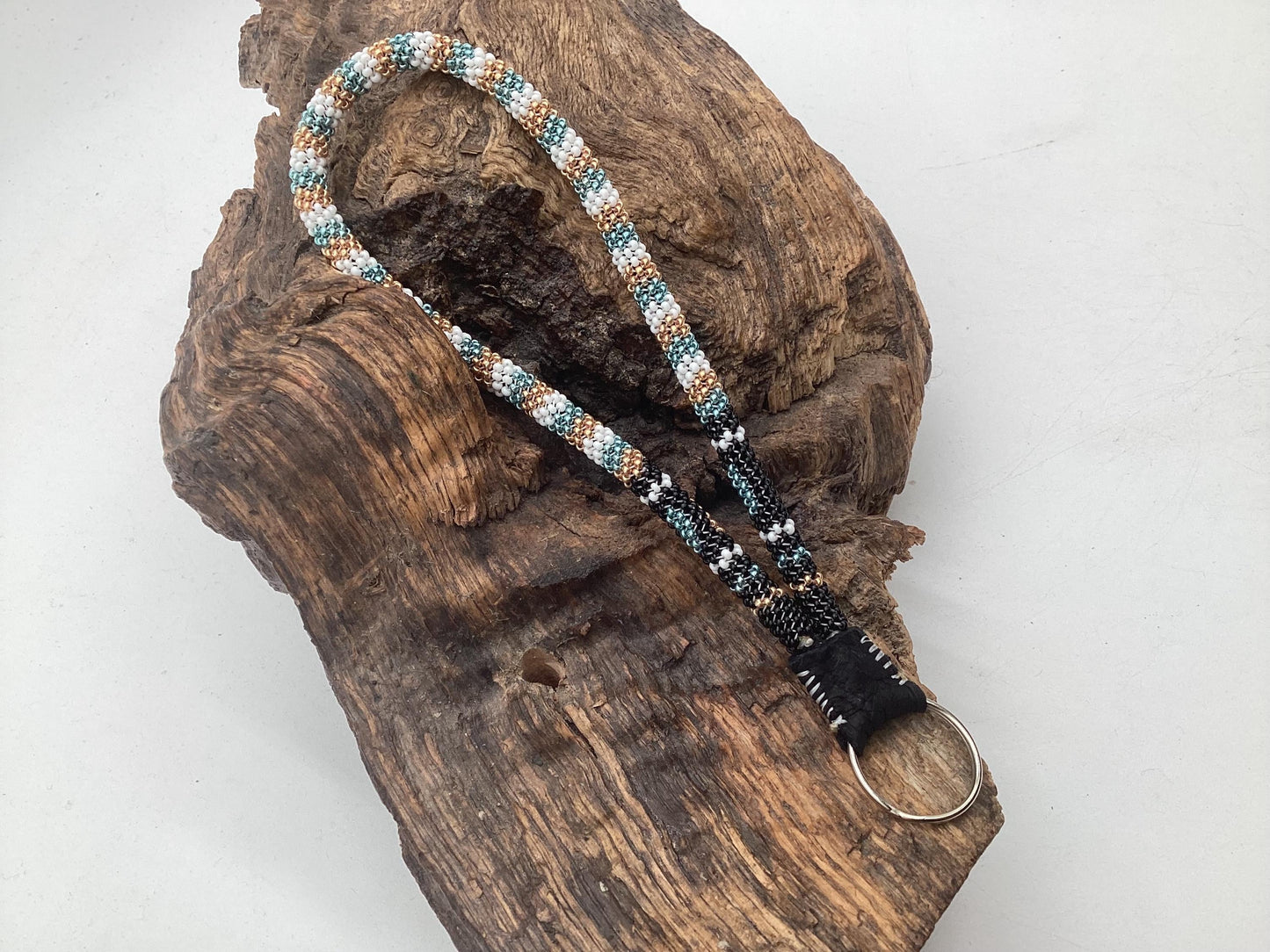 Hand Beaded Peyote Stitch Wristlet Lanyard - Ojibwe/Anishinaabe Artisan Design