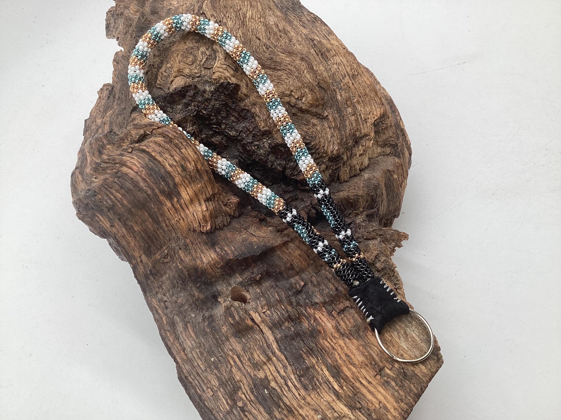Hand Beaded Peyote Stitch Wristlet Lanyard - Ojibwe/Anishinaabe Artisan Design