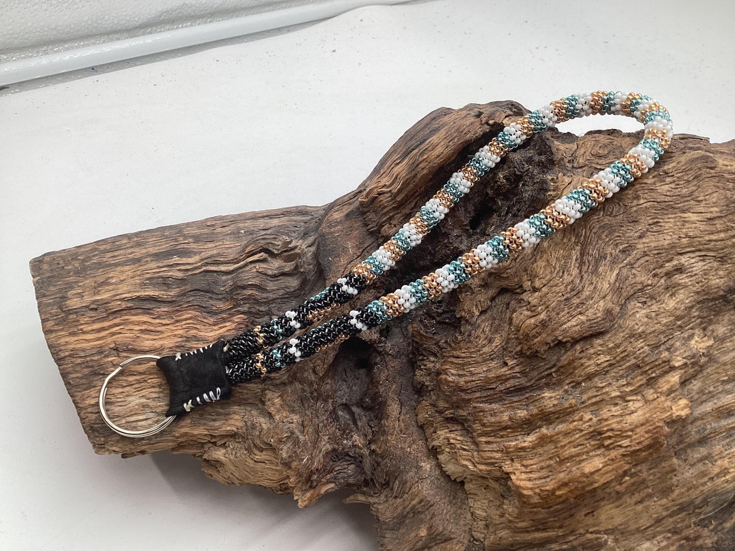 Hand Beaded Peyote Stitch Wristlet Lanyard - Ojibwe/Anishinaabe Artisan Design