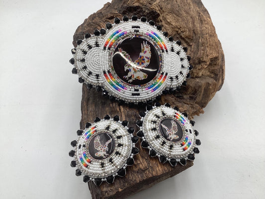 Hand Beaded Floral Eagle Jewelry Set — Anishinaabe/Ojibwe Beadwork
