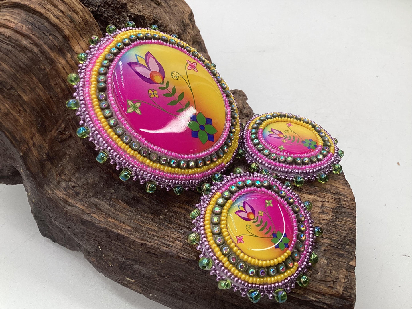 Hand Beaded Floral Barrette & Earrings Jewelry Set — Anishinaabe/Ojibwe Beadwork