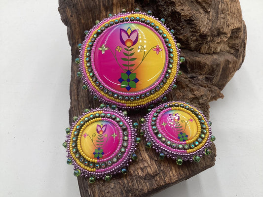 Hand Beaded Floral Barrette & Earrings Jewelry Set — Anishinaabe/Ojibwe Beadwork