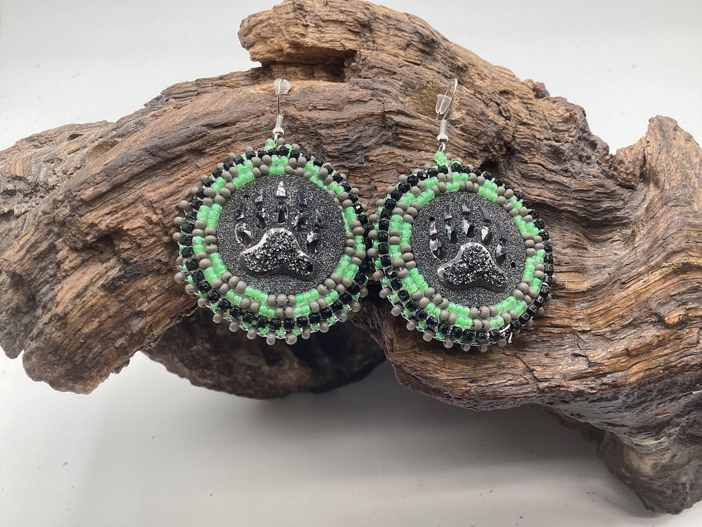 Shimmering Bear Claw Hand Beaded Earrings