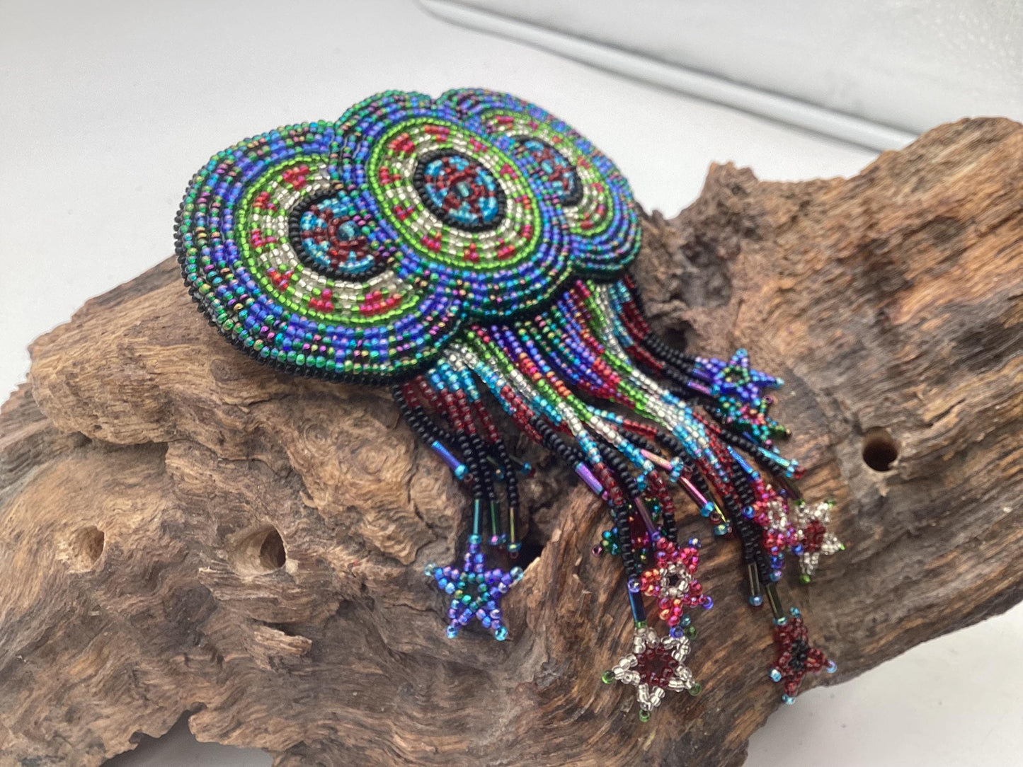 Hand Beaded Barrette with Fringe: Ojibwe Anishinaabe Made