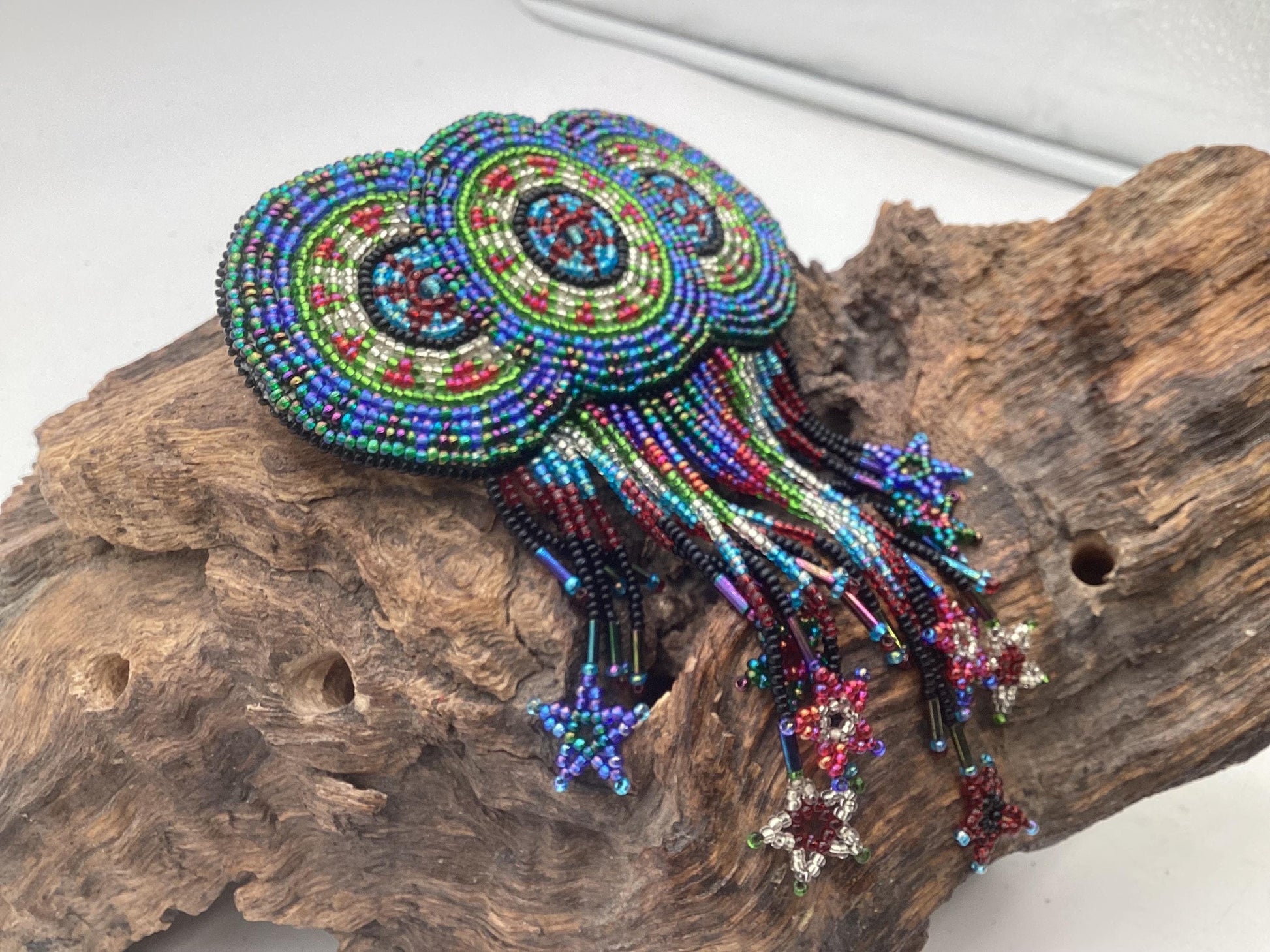 Hand Beaded Barrette with Fringe: Ojibwe Anishinaabe Made
