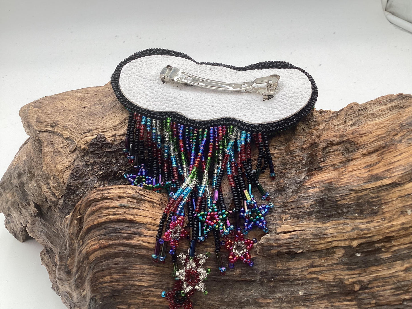 Hand Beaded Barrette with Fringe: Ojibwe Anishinaabe Made