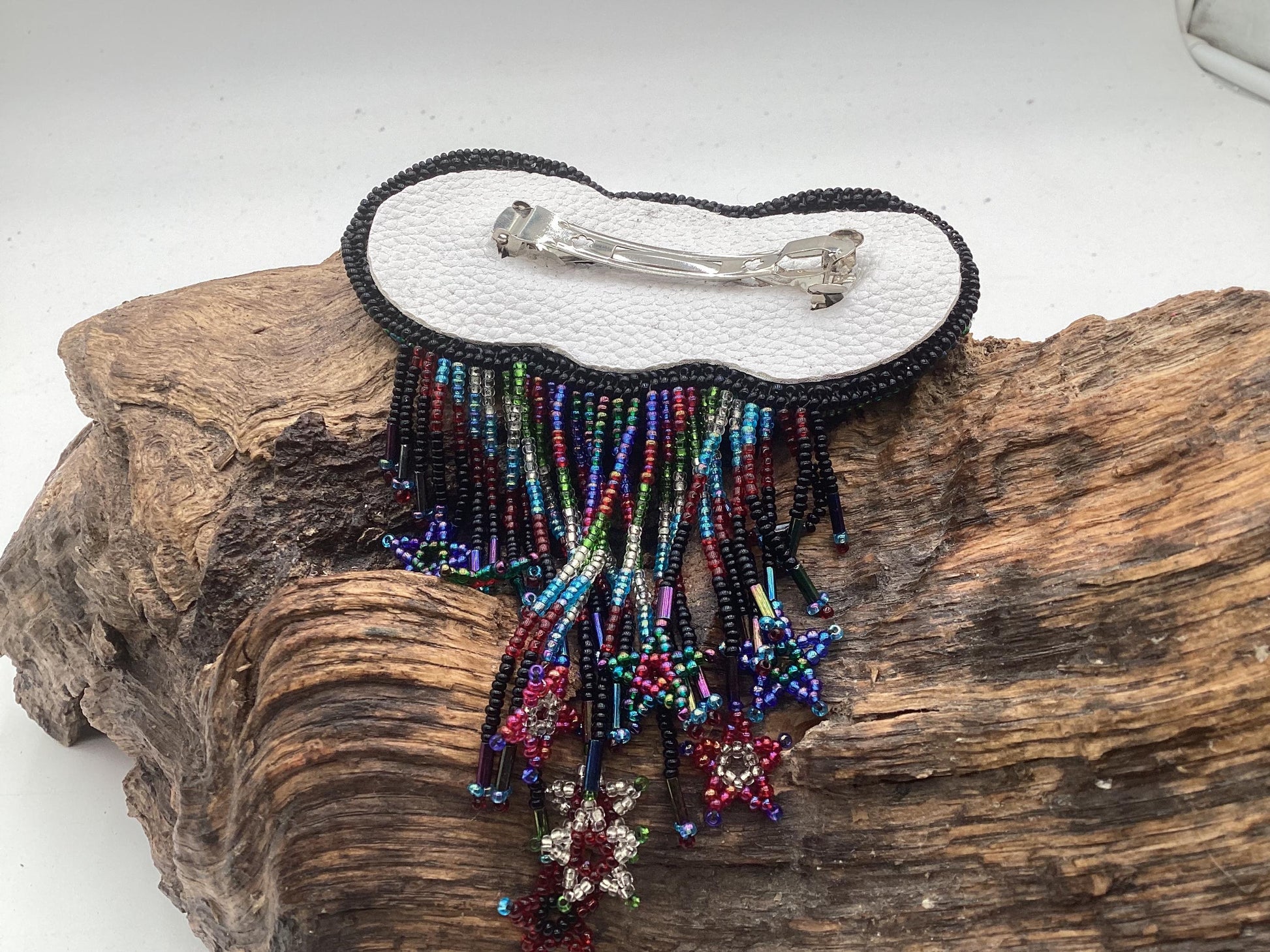 Hand Beaded Barrette with Fringe: Ojibwe Anishinaabe Made