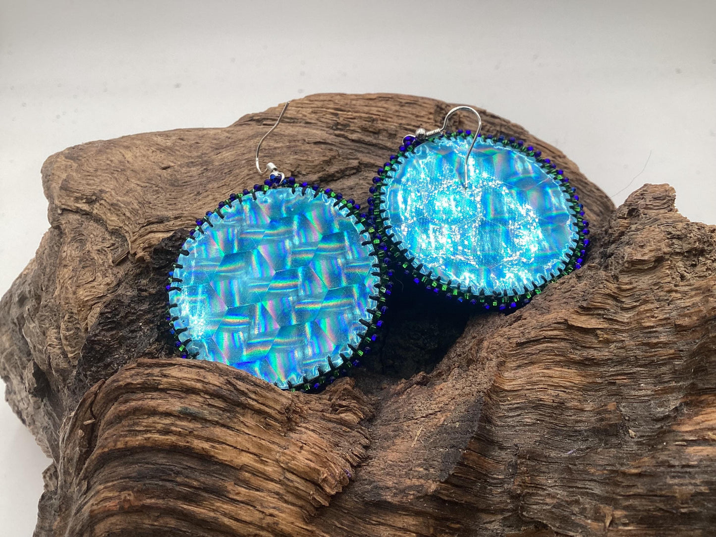 Shimmering Blue Bear Claw Hand Beaded Earrings - Anishinaabe/Ojibwe Beadwork