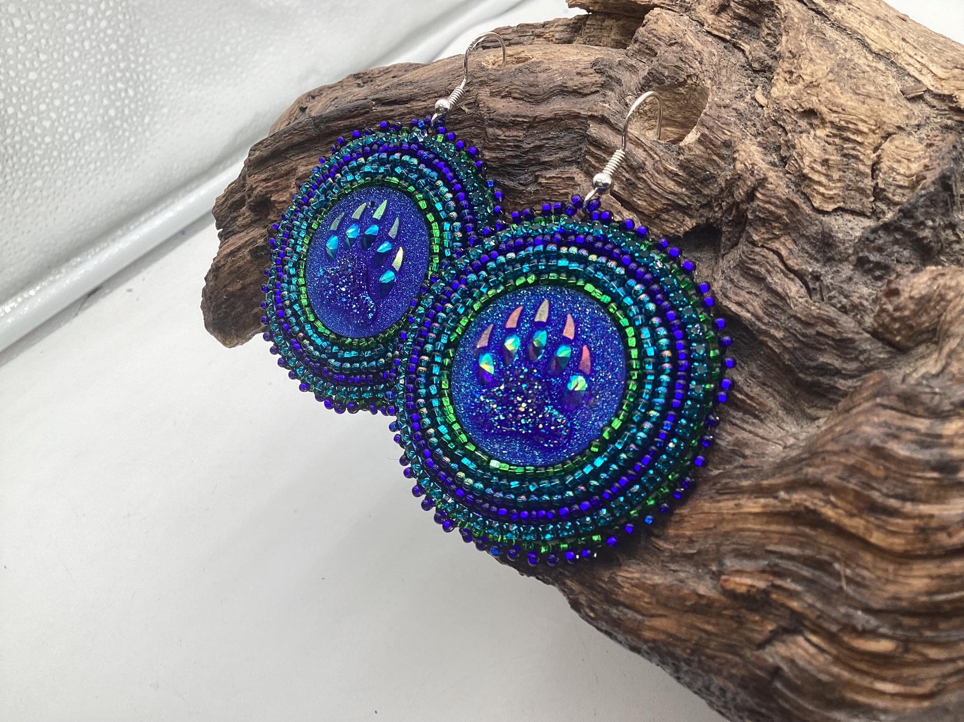 Shimmering Blue Bear Claw Hand Beaded Earrings - Anishinaabe/Ojibwe Beadwork