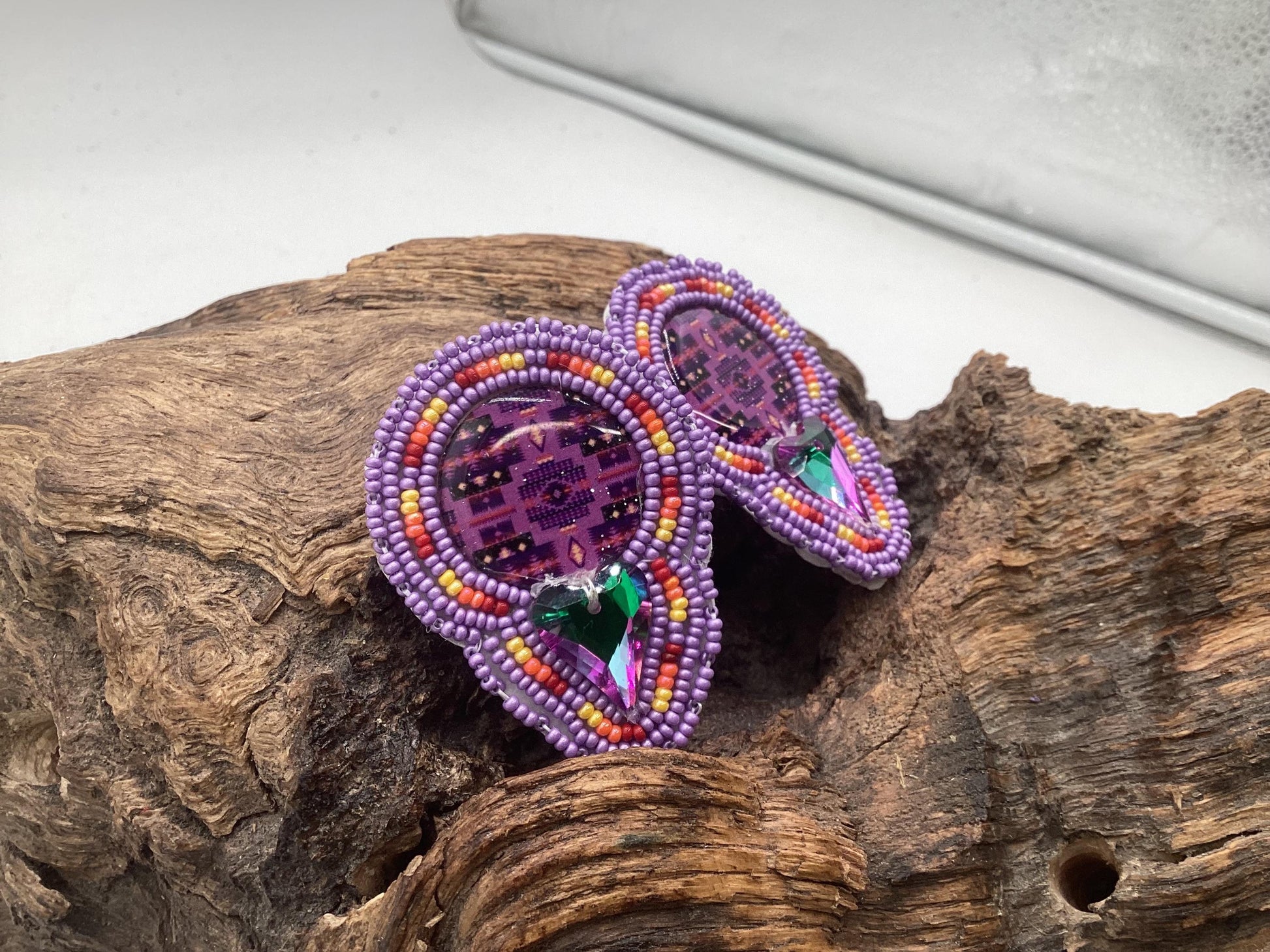 Hand Beaded Double-Centered Purple Earrings: Anishinaabe/Ojibwe Beadwork