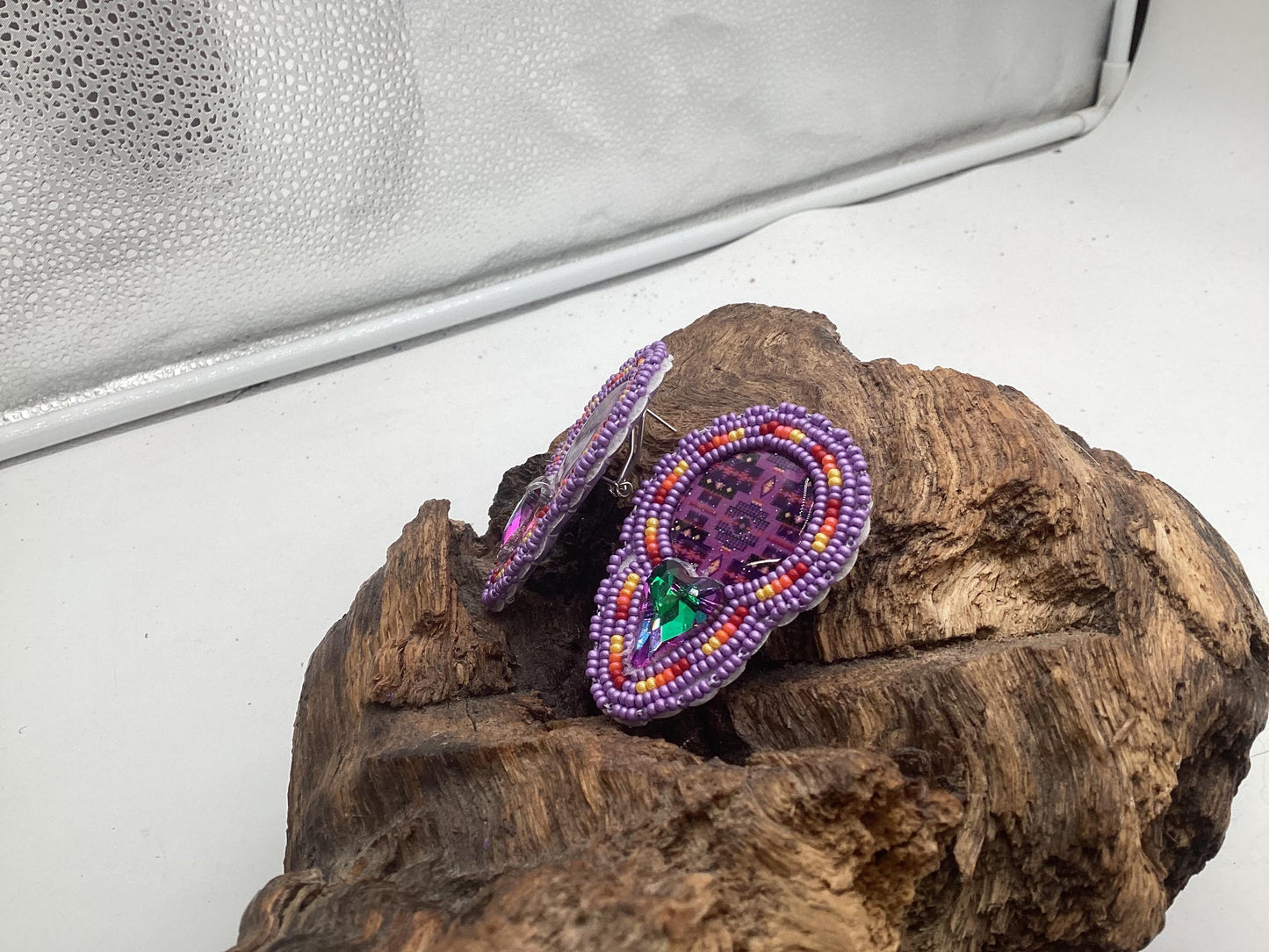 Hand Beaded Double-Centered Purple Earrings: Anishinaabe/Ojibwe Beadwork