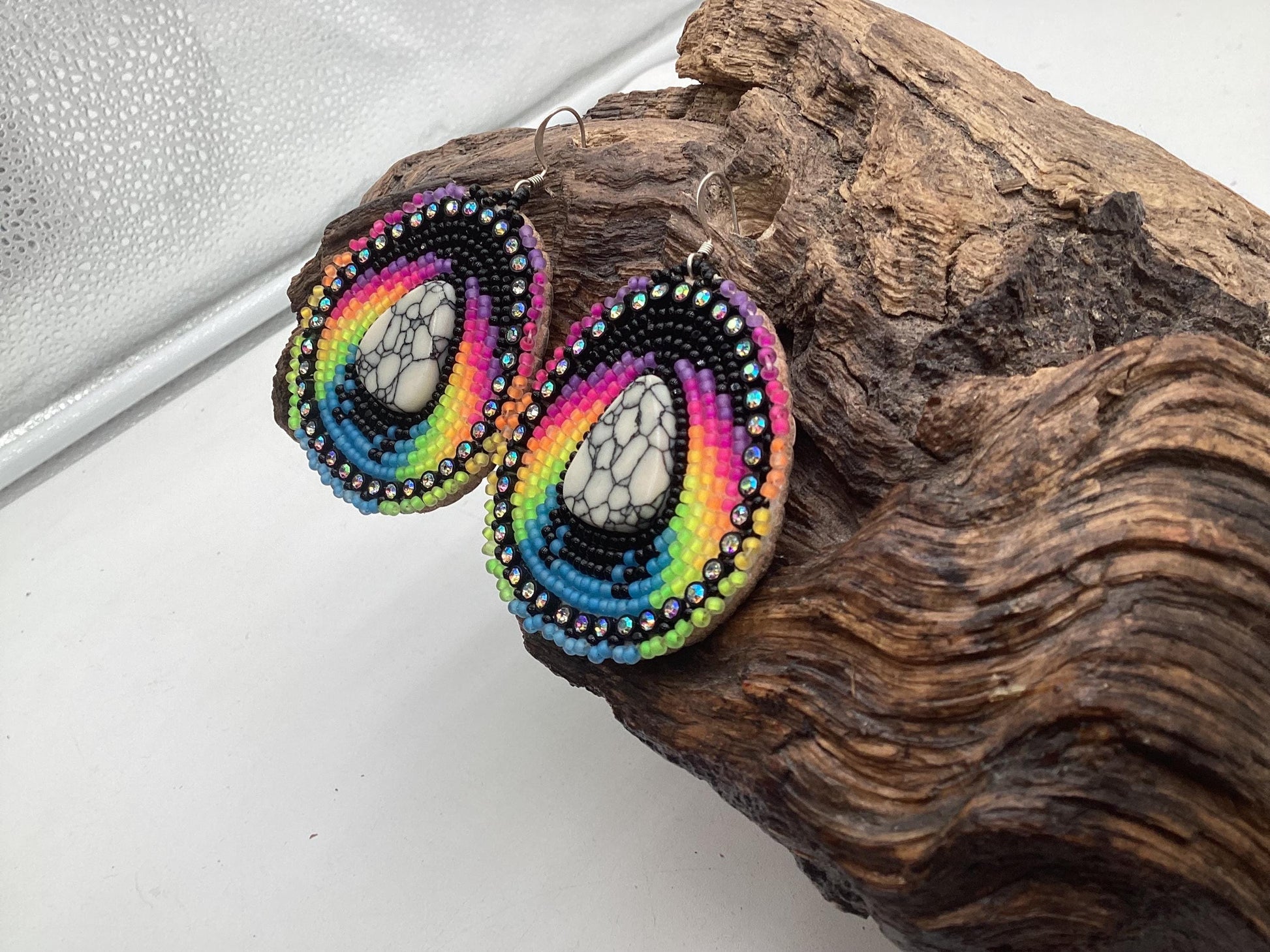 Hand Beaded Multicolored & Acrylic Center Earrings - Authentic Anishinaabe/Ojibwe Beadwork