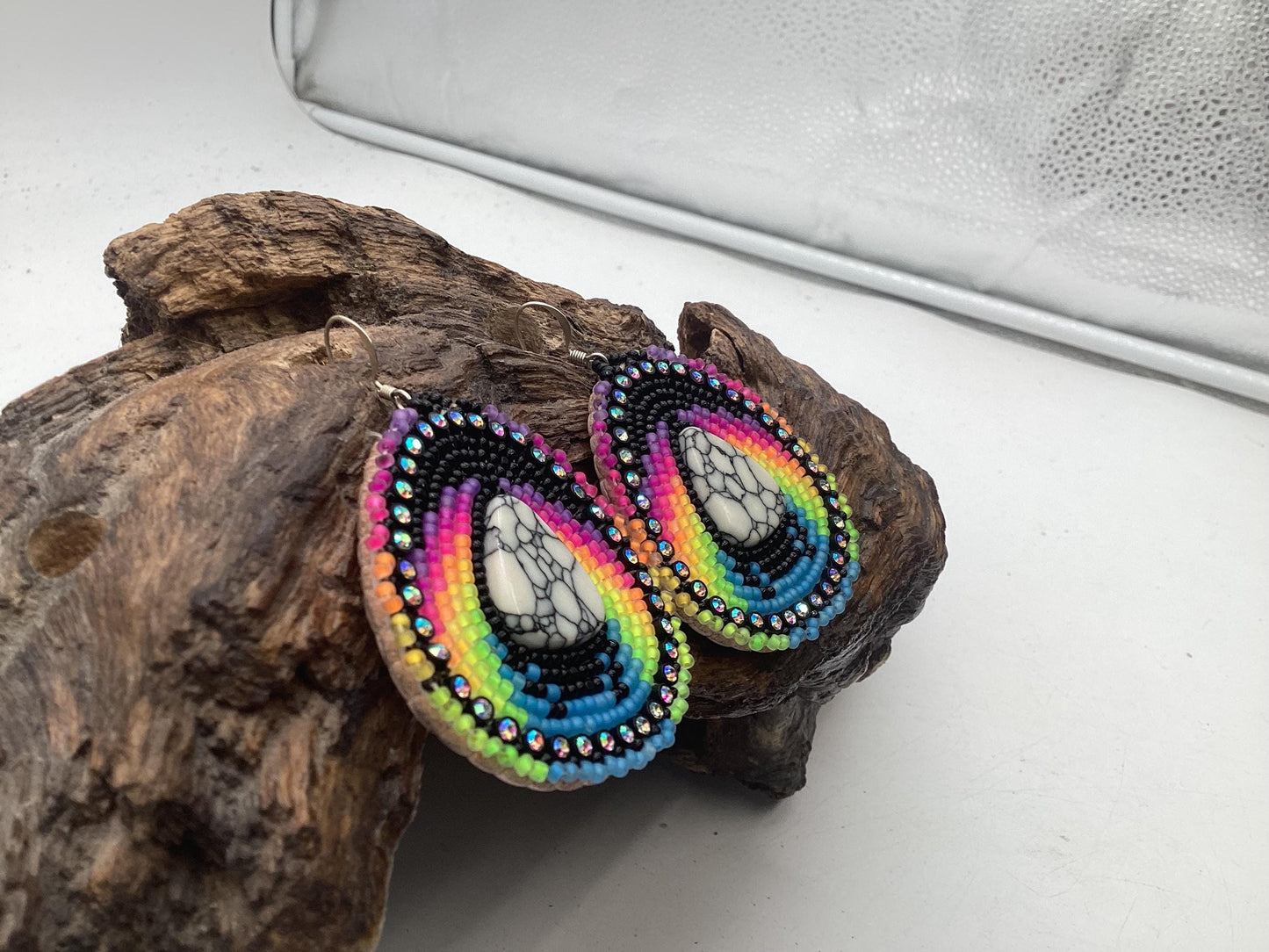Hand Beaded Multicolored & Acrylic Center Earrings - Authentic Anishinaabe/Ojibwe Beadwork