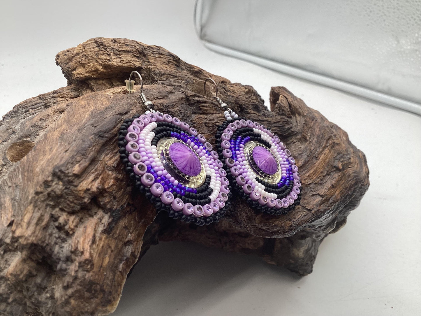 Purple Hand Beaded Earrings: Anishinaabe/Ojibwe Beadwork