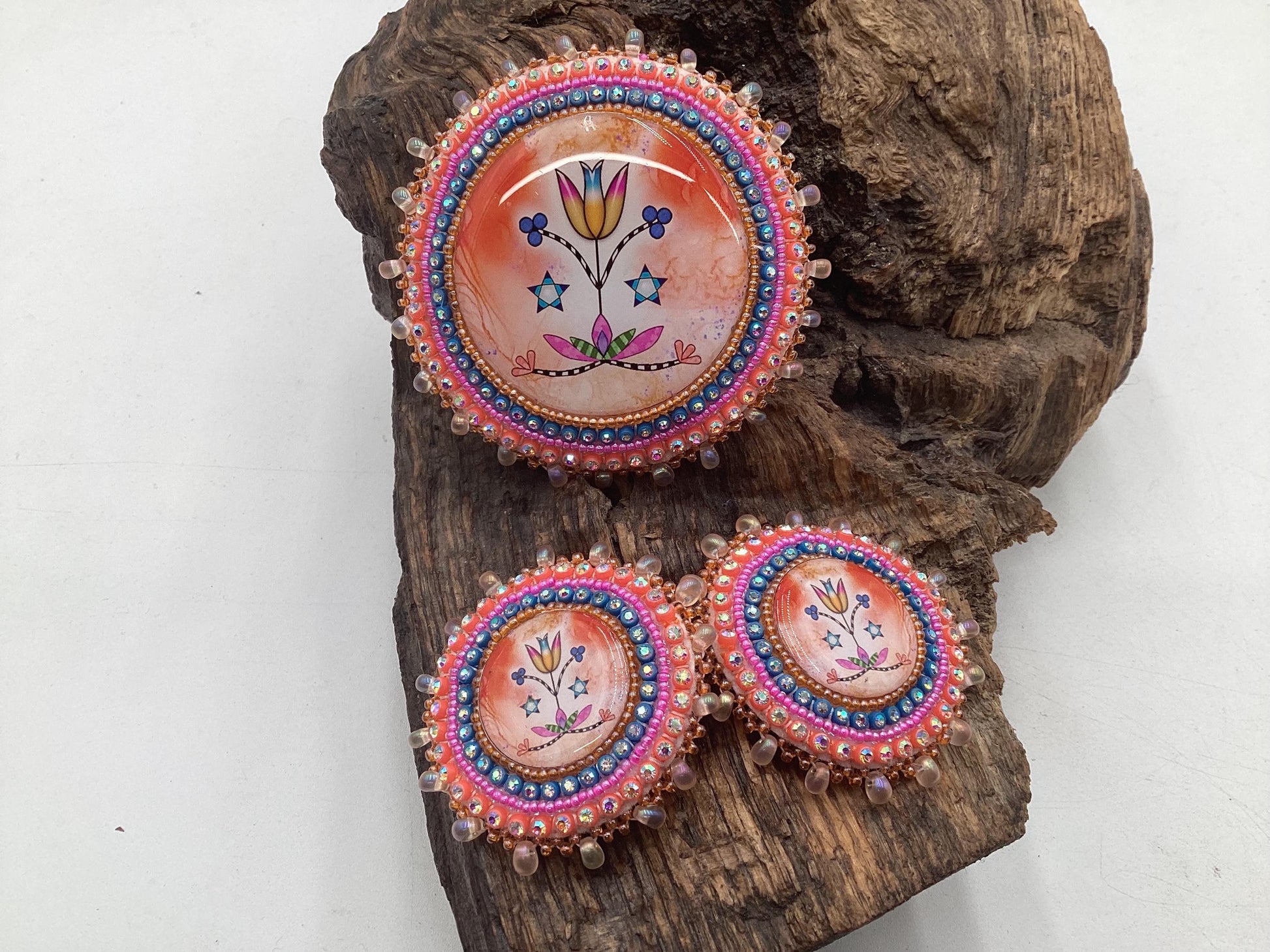 Hand Beaded Indigenous Floral Barrette & Earrings Jewelry Set — Anishinaabe/Ojibwe Beadwork