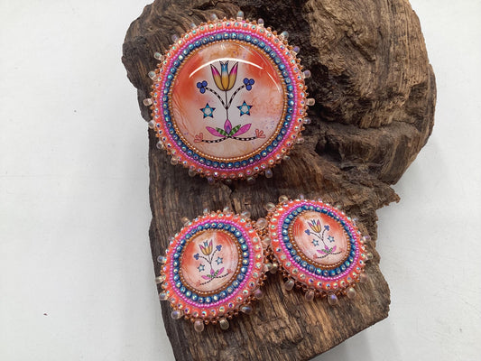Hand Beaded Indigenous Floral Barrette & Earrings Jewelry Set — Anishinaabe/Ojibwe Beadwork
