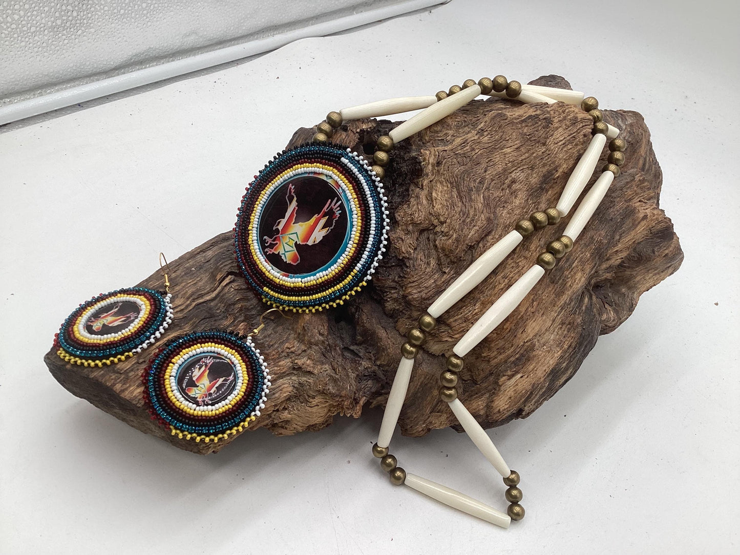 Ojibwe Indigenous Eagle Pattern Beadwork Necklace and Earrings Set: Anishinaabe Artisan Jewelry