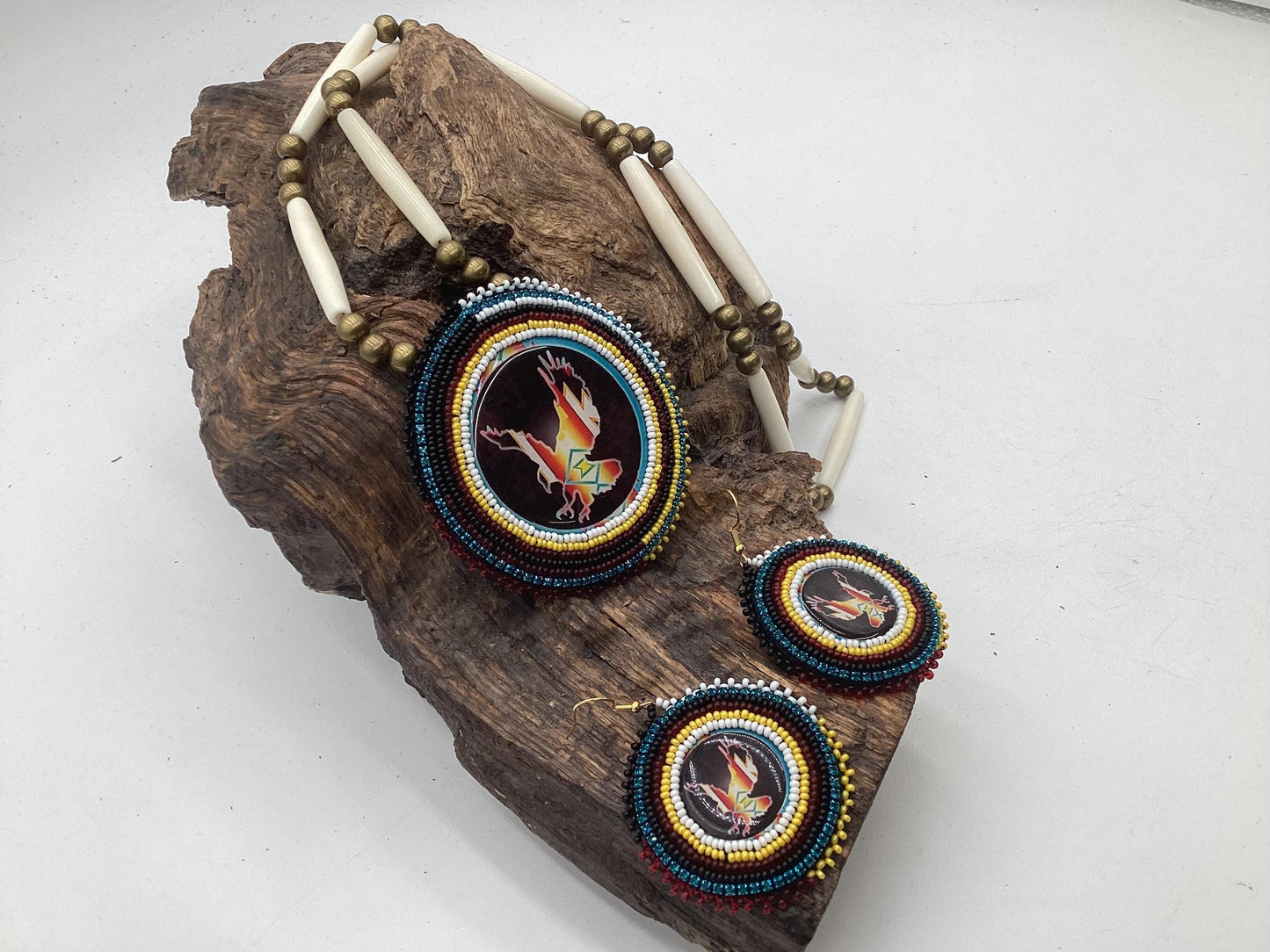 Ojibwe Indigenous Eagle Pattern Beadwork Necklace and Earrings Set: Anishinaabe Artisan Jewelry