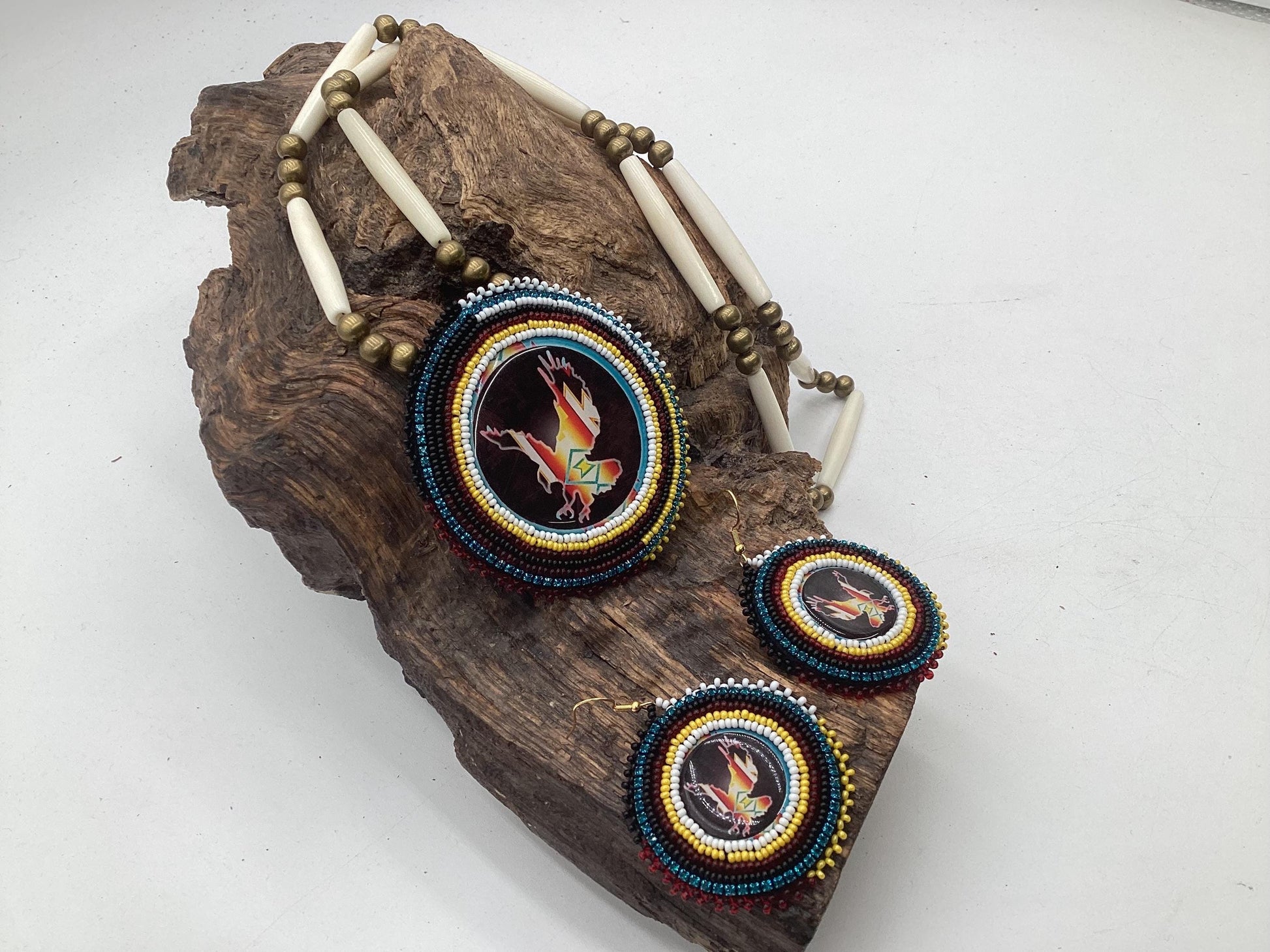 Ojibwe Indigenous Eagle Pattern Beadwork Necklace and Earrings Set: Anishinaabe Artisan Jewelry