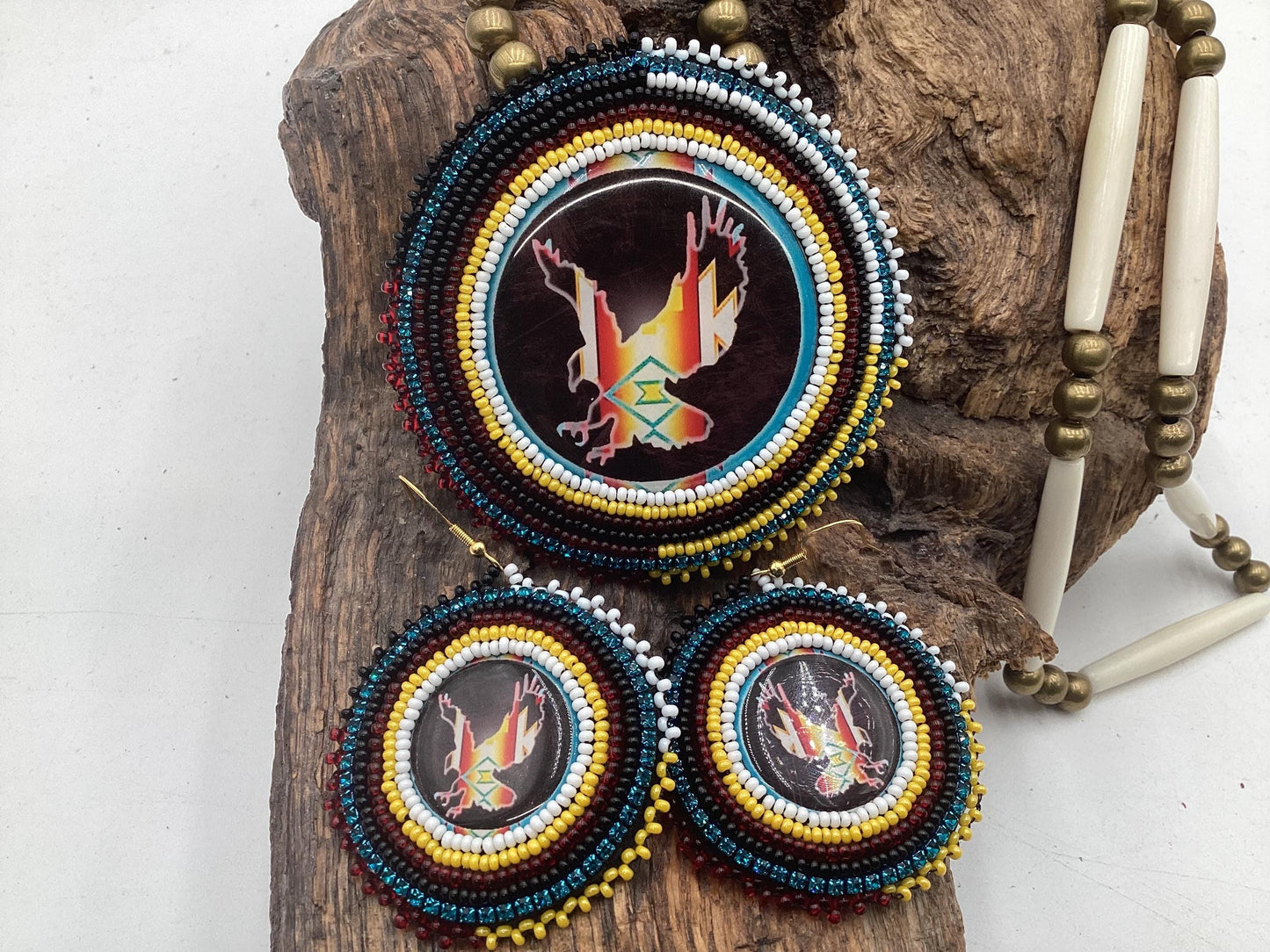 Ojibwe Indigenous Eagle Pattern Beadwork Necklace and Earrings Set: Anishinaabe Artisan Jewelry