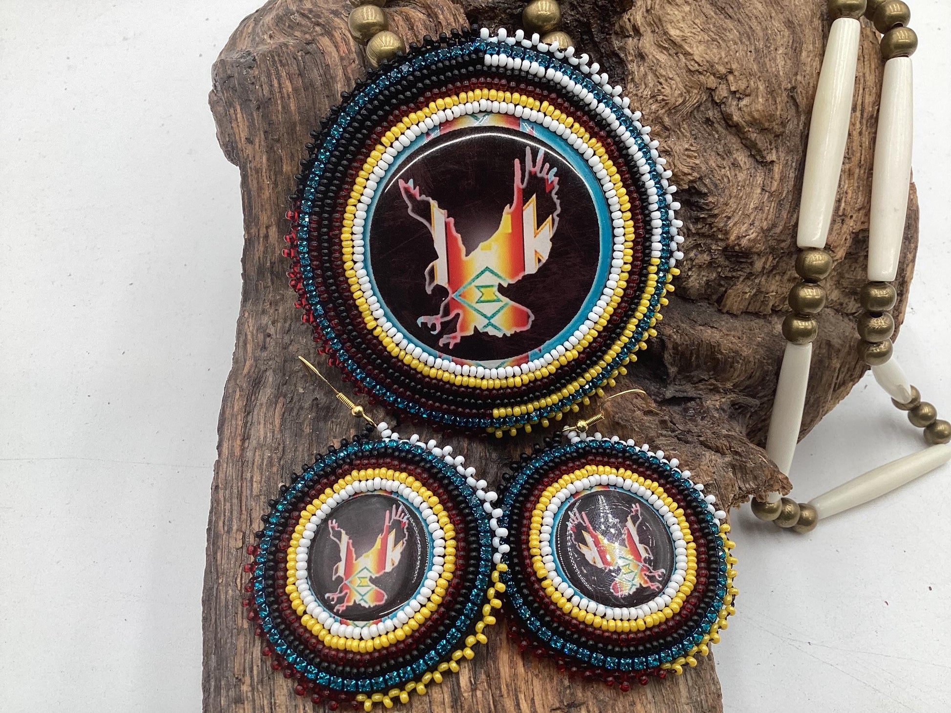 Ojibwe Indigenous Eagle Pattern Beadwork Necklace and Earrings Set: Anishinaabe Artisan Jewelry