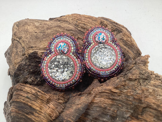 Hand Beaded Double-Center Glitter Earrings – Anishinaabe/Ojibwe Beadwork