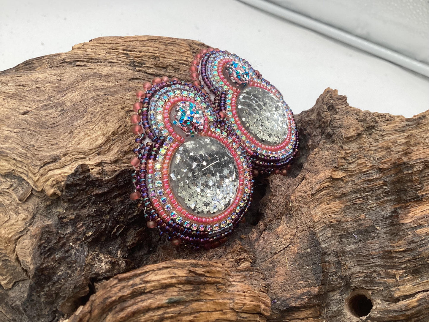 Hand Beaded Double-Center Glitter Earrings – Anishinaabe/Ojibwe Beadwork