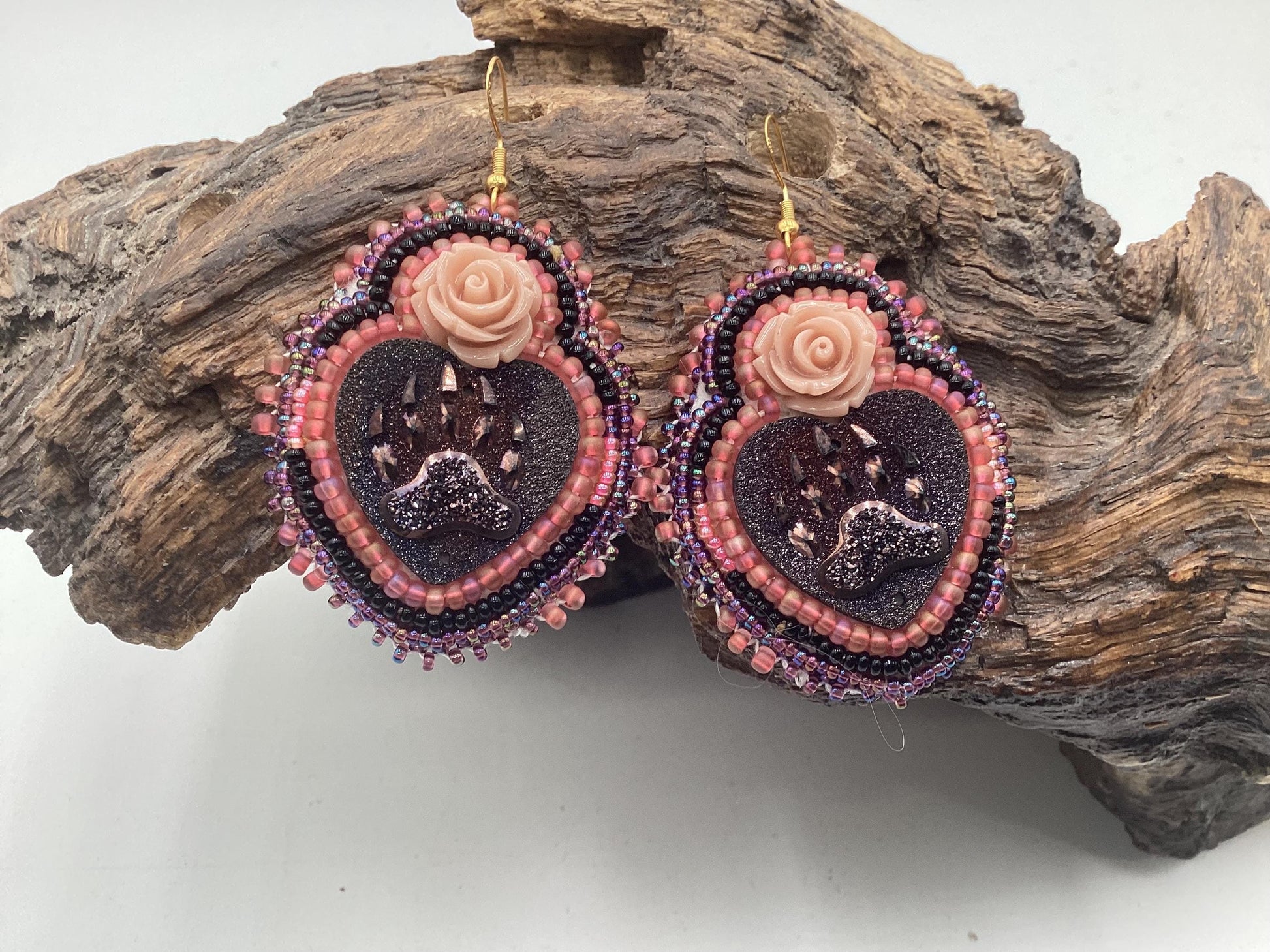 Double Center Bear Claw Heart Hand Beaded Earrings - Authentic Anishinaabe/Ojibwe Beadwork - Free Shipping