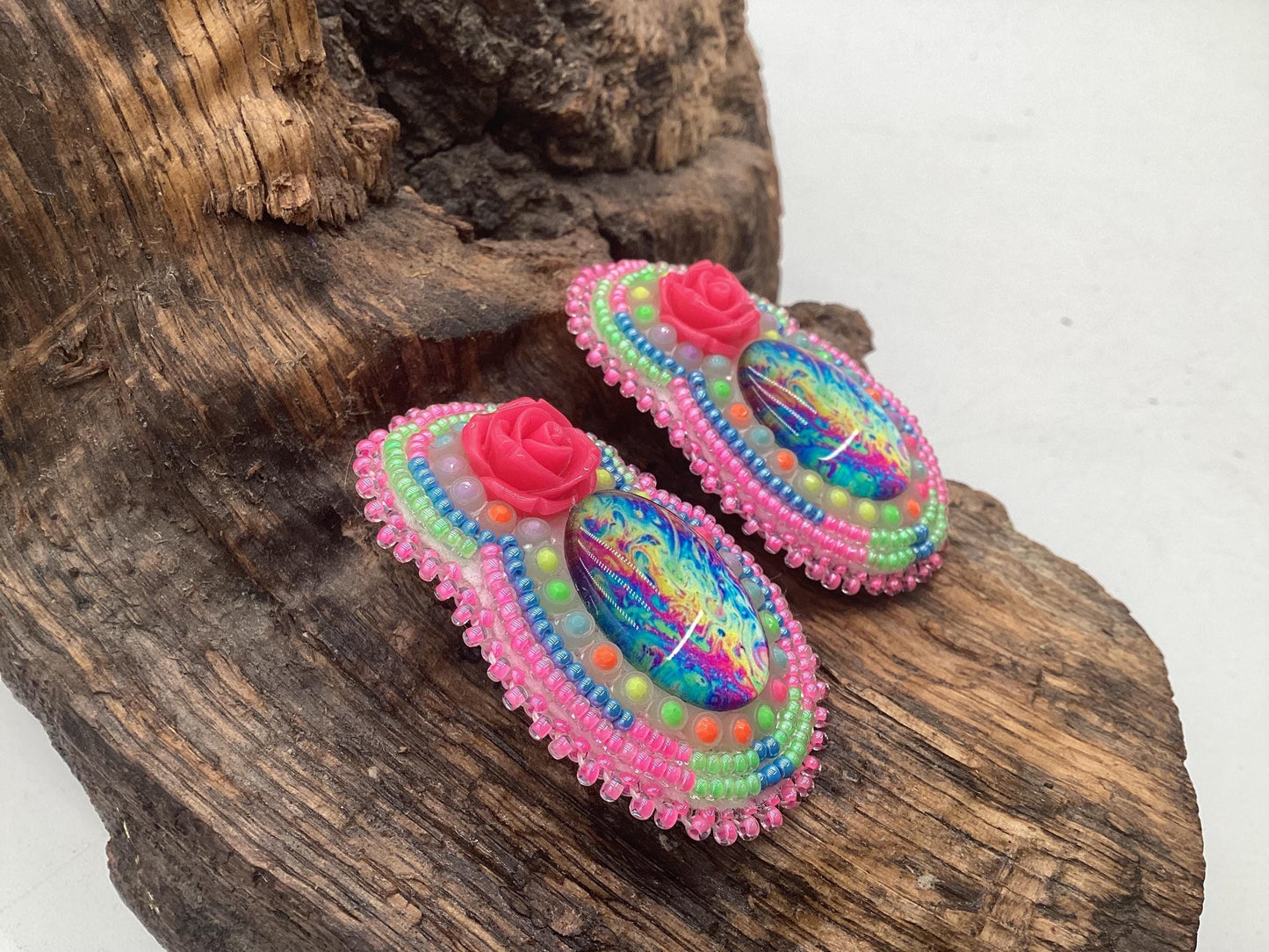 Hand Beaded Double-Center Flower Earrings: Anishinaabe/Ojibwe Beadwork