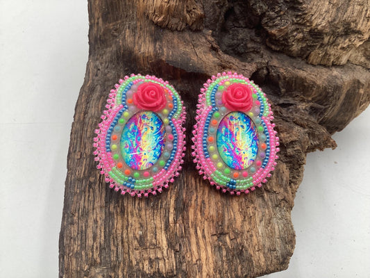Hand Beaded Double-Center Flower Earrings: Anishinaabe/Ojibwe Beadwork