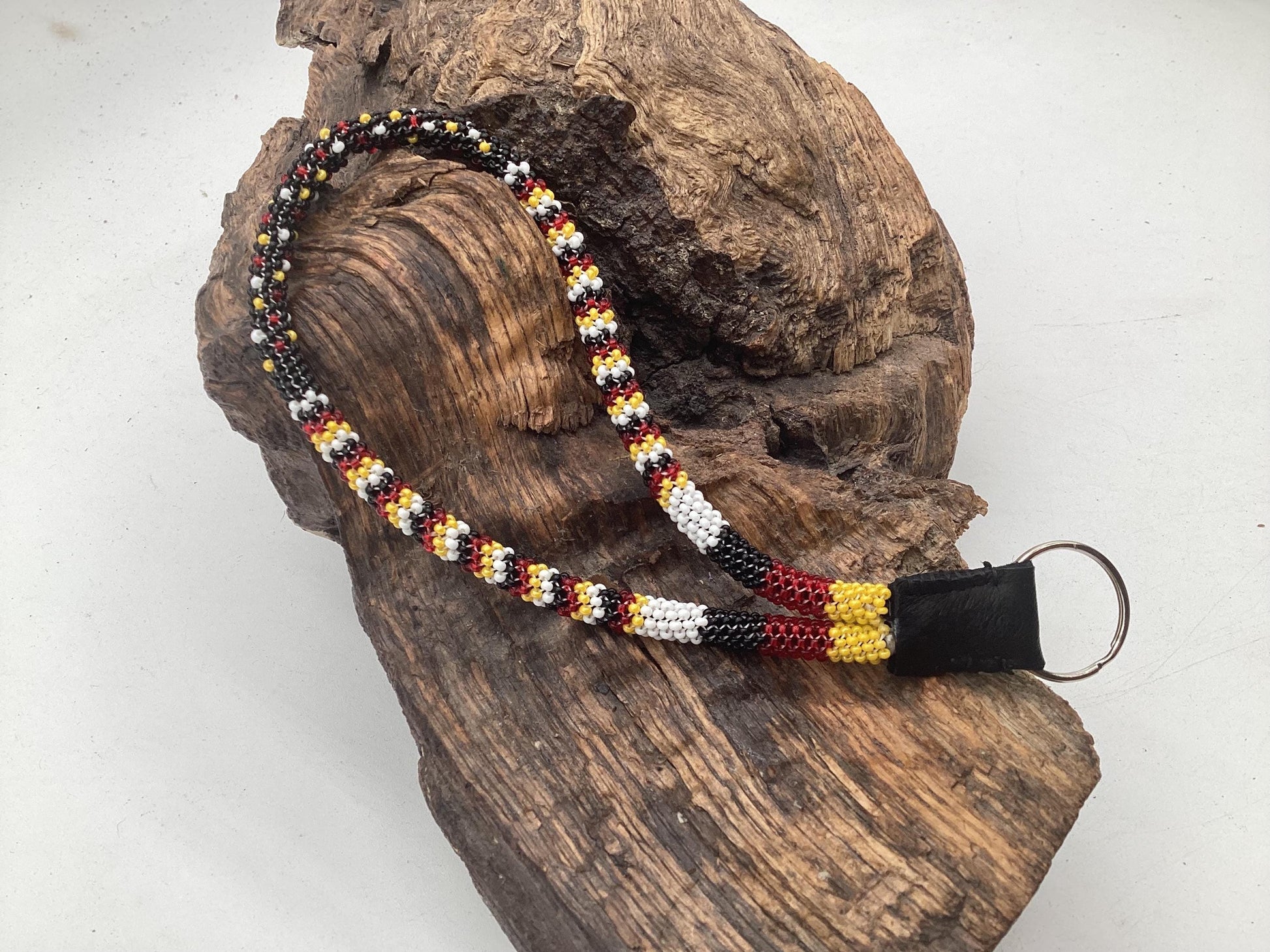 Hand Beaded Peyote Stitch Wristlet Lanyard - Ojibwe/Anishinaabe Artisan Design
