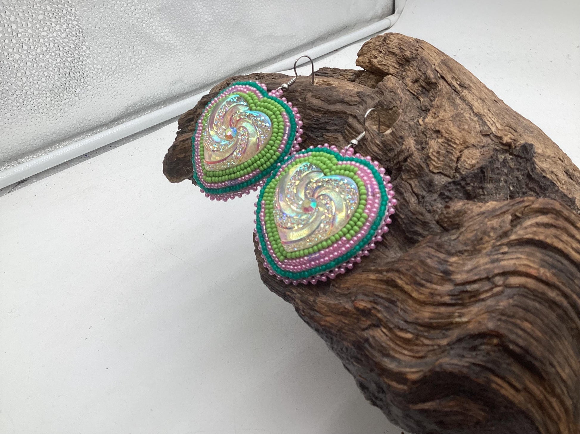 Iridescent Hand Beaded Heart Earrings - Anishinaabe/Ojibwe Beadwork
