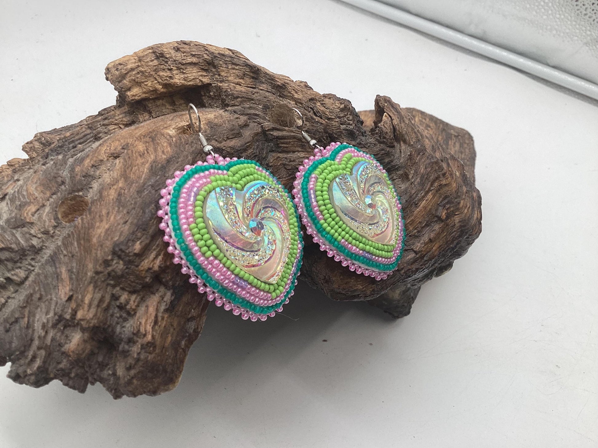 Iridescent Hand Beaded Heart Earrings - Anishinaabe/Ojibwe Beadwork