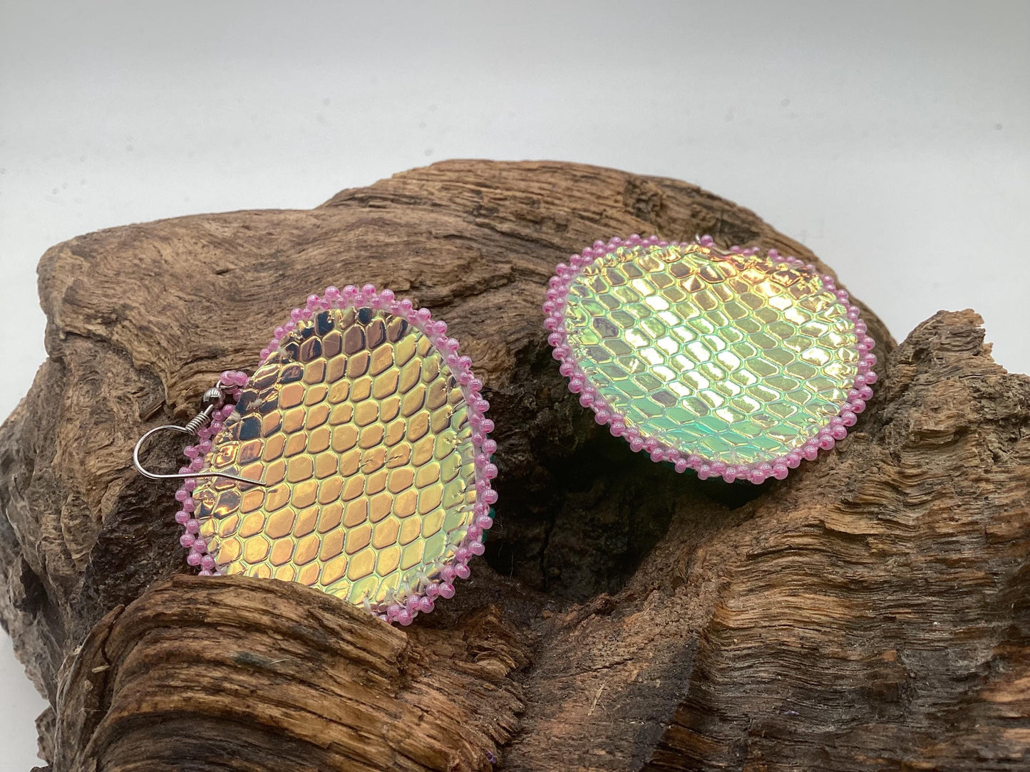 Iridescent Hand Beaded Heart Earrings - Anishinaabe/Ojibwe Beadwork