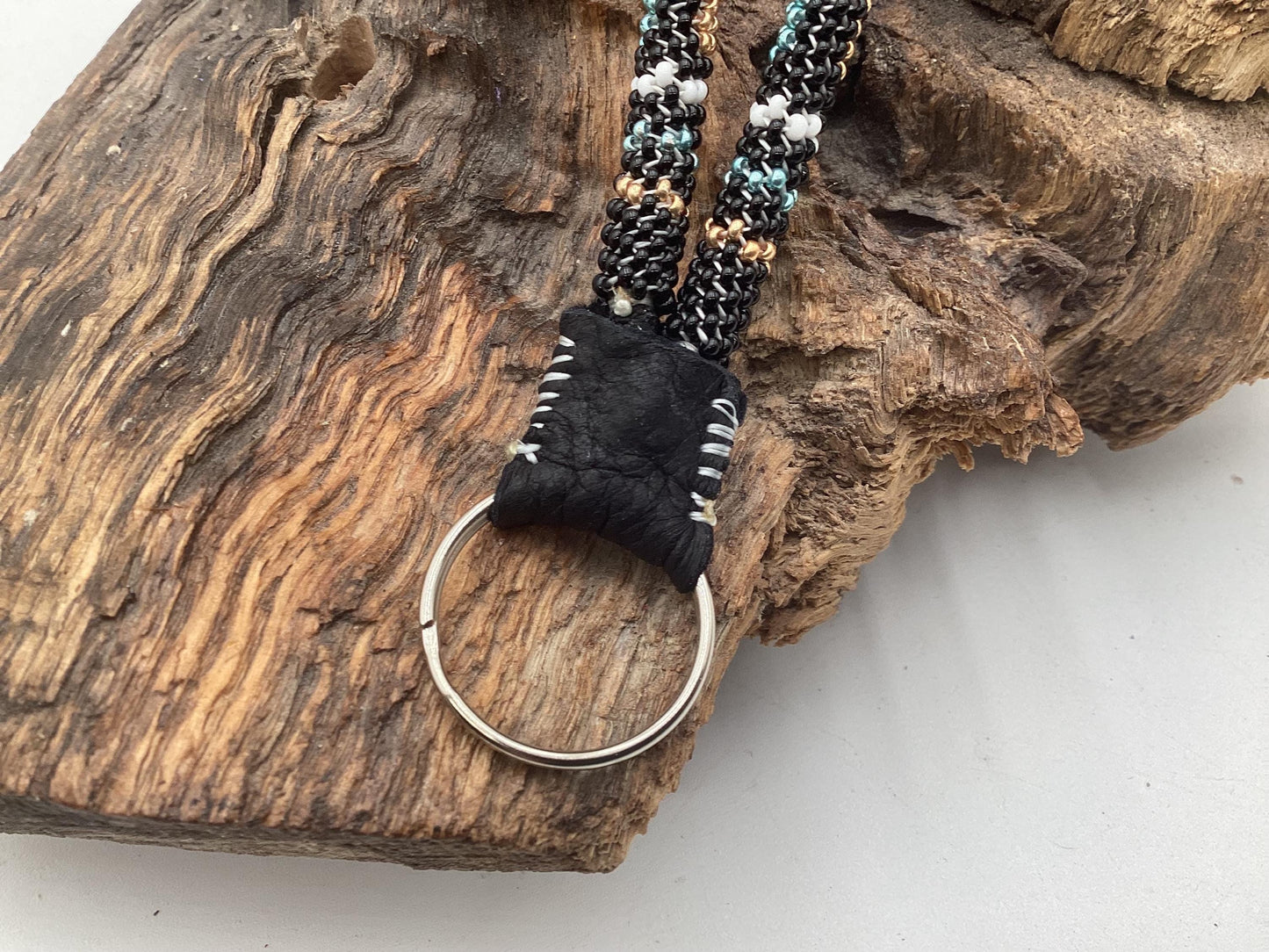 Hand Beaded Peyote Stitch Wristlet Lanyard - Ojibwe/Anishinaabe Artisan Design