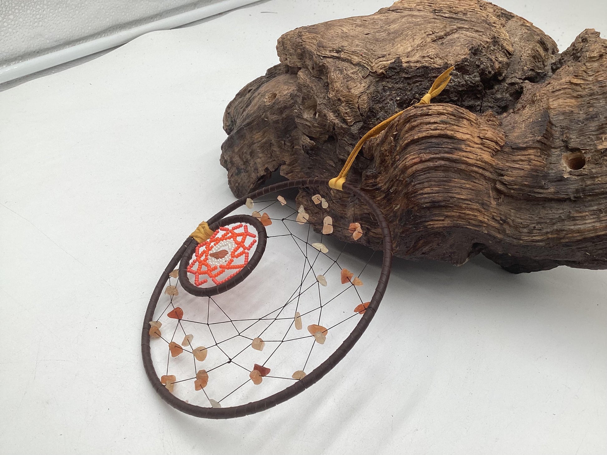 Red Aventurine Double Dreamcatcher - Anishinaabe/Ojibwe Made - Free Shipping