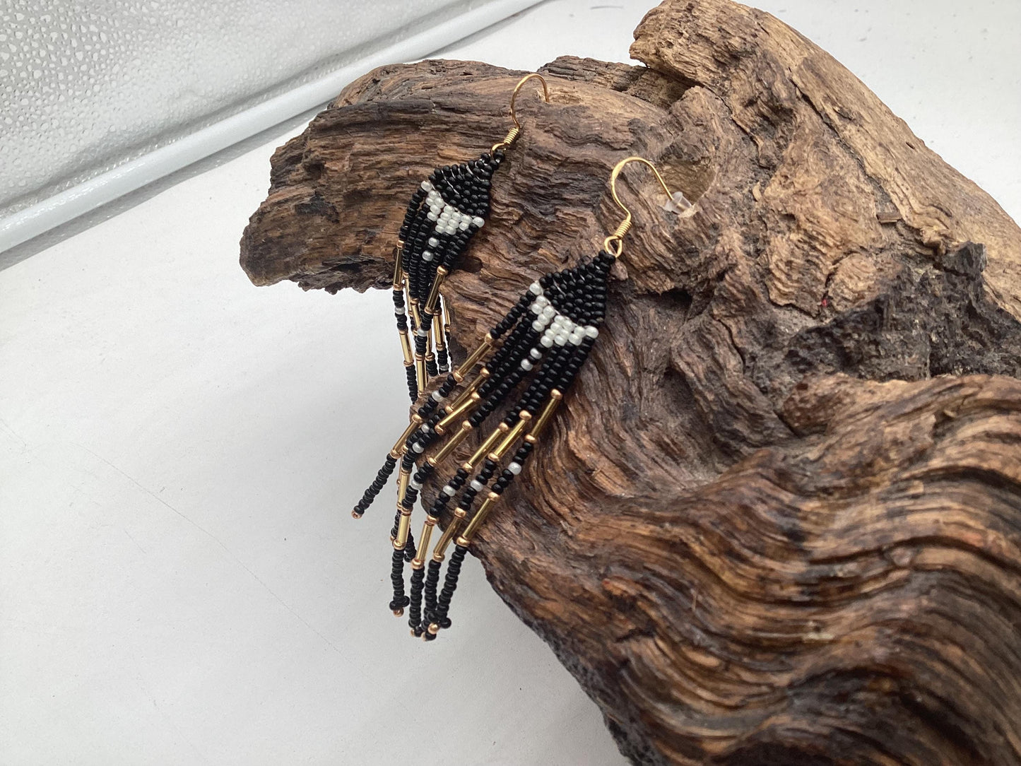 Hand Beaded Dangling Fringe Earrings – Anishinaabe Made