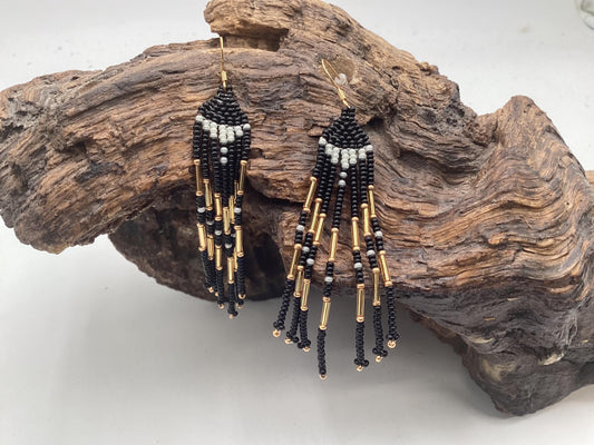 Hand Beaded Dangling Fringe Earrings – Anishinaabe Made