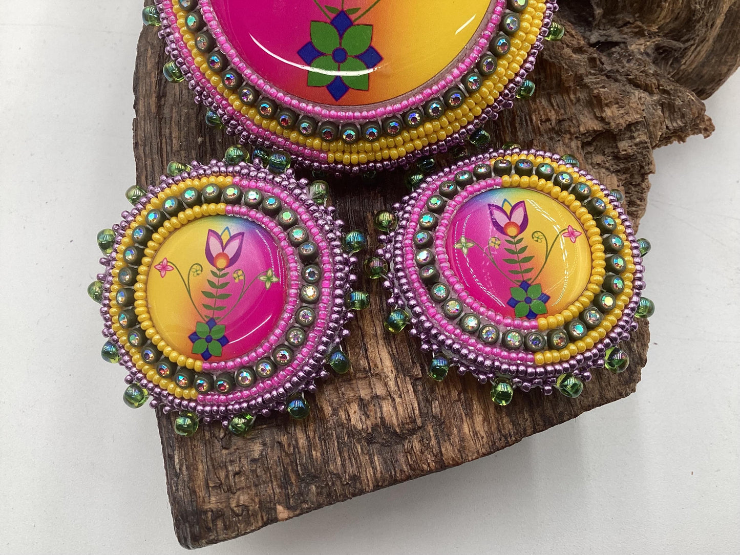 Hand Beaded Floral Barrette & Earrings Jewelry Set — Anishinaabe/Ojibwe Beadwork